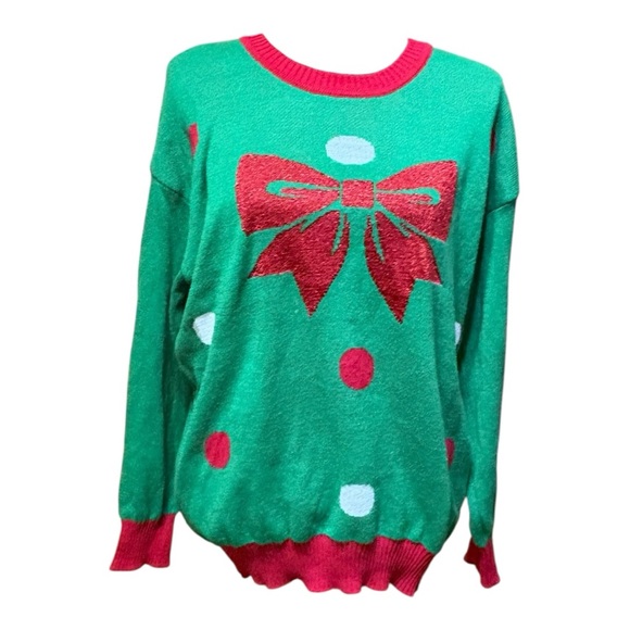 H&M Sweaters - “Well Worn” brand Bright green sweater with a bold red bow & white polka dots